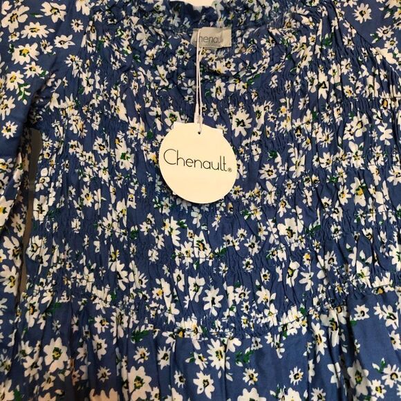 CHENAULT - L Sz M - Blue Floral Smocked Blouse in Blue Ditsey 100% Rayon. NWT! - Picture 8 of 15